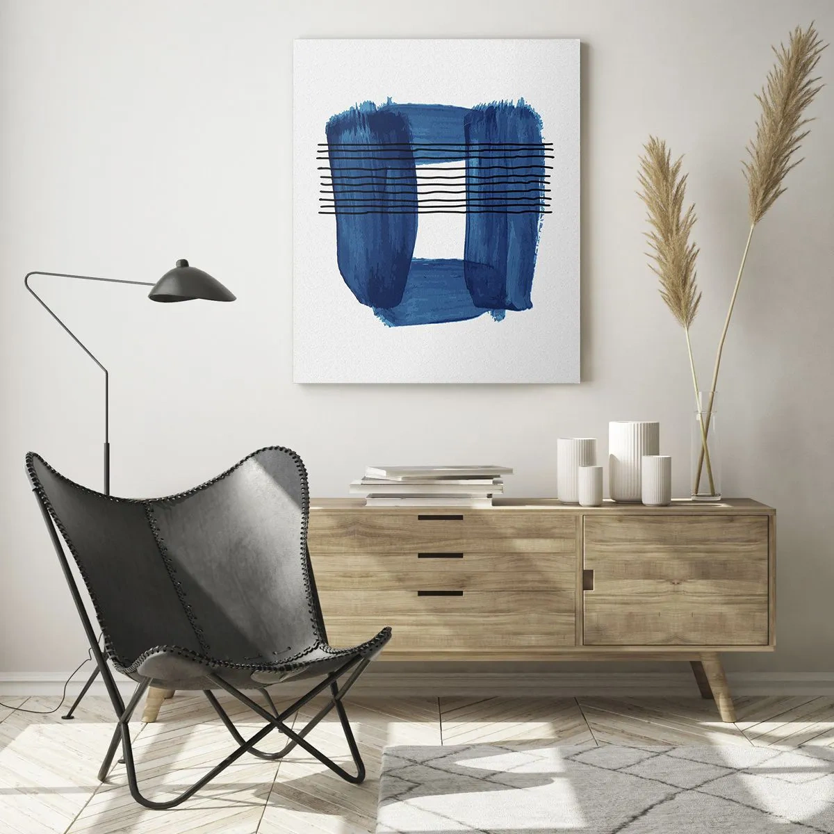 Glasbild - Bild auf glas - Abstraktes Muster in Blautönen mit schwarzen Linien - 70x100cm - Blaue und schwarze Komposition - Moderne Wanddekoration für Wohnzimmer und Schlafzimmer ARTTOR