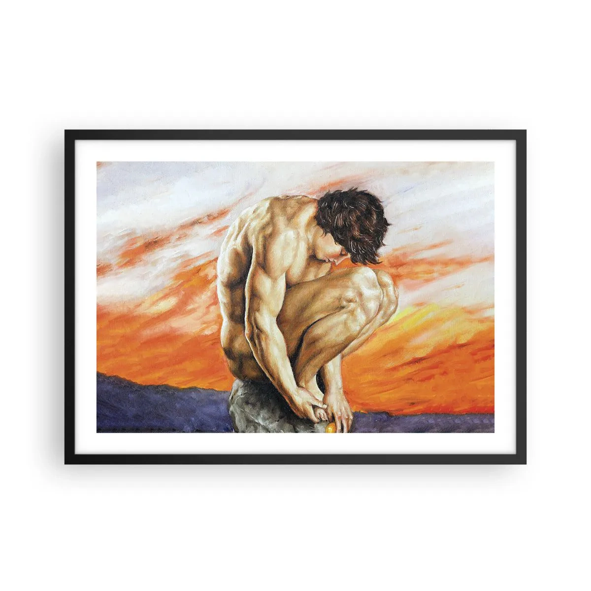 Poster in einem schwarzem Rahmen - Ein Mann in Gedanken versunken vor dem Hintergrund eines Sonnenuntergangs - 70x50cm - In sich versunken - Moderne Wanddekoration für Wohnzimmer und Schlafzimmer ARTTOR