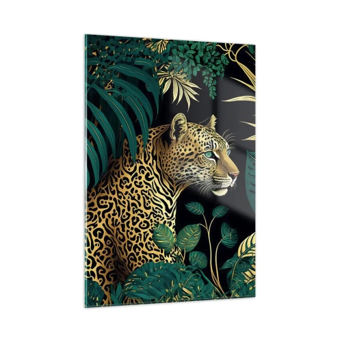 Glasbild - Bild auf glas - Ein Leopard zwischen tropischen Blättern auf dunklem Hintergrund - 50x70cm - Gastgeber im Dschungel - Moderne Wanddekoration für Wohnzimmer und Schlafzimmer ARTTOR