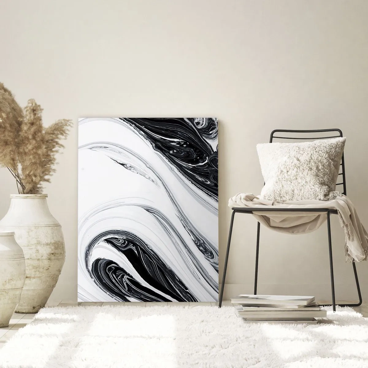 Glasbild - Bild auf glas - Schwarz-weiße, wirbelnde Linien, die Marmor ähneln, in einem abstrakten Stil - 50x70cm - Kombination aus Gegensätzen - Moderne Wanddekoration für Wohnzimmer und Schlafzimmer ARTTOR