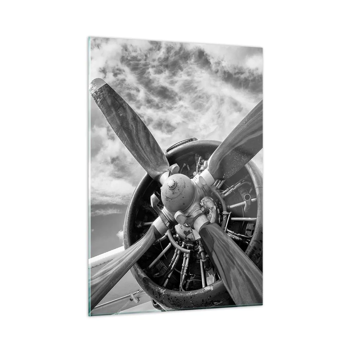 Glasbild - Bild auf glas - Eine Nahaufnahme eines Flugzeugpropellers in Schwarzweiß. - 50x70cm - Eroberer der Lüfte - Moderne Wanddekoration für Wohnzimmer und Schlafzimmer ARTTOR