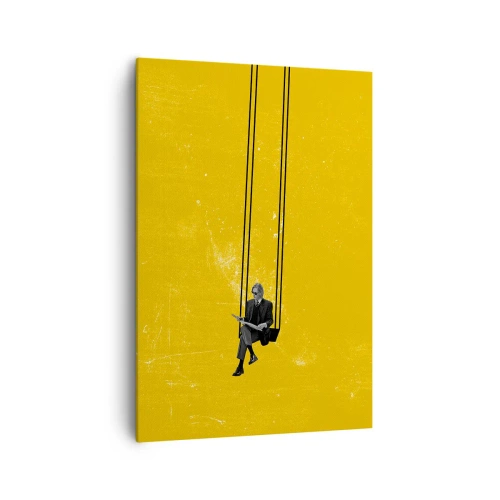 Bild auf Leinwand - Leinwandbild - Eine Person auf einer Schaukel vor einem intensiv gelben Hintergrund - 70x100cm - Tag wie jeder andere - Moderne Wanddekoration für Wohnzimmer und Schlafzimmer ARTTOR