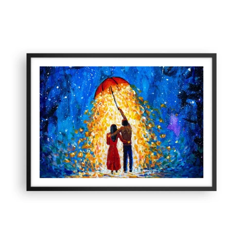 Poster in einem schwarzem Rahmen - Ein Paar unter einem roten Regenschirm im leuchtenden Regen - 70x50cm - Zauber eines Regenabends? - Moderne Wanddekoration für Wohnzimmer und Schlafzimmer ARTTOR