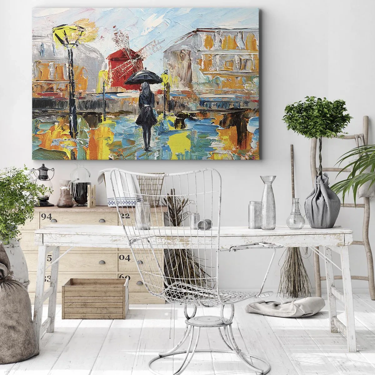 Bild auf Leinwand - Leinwandbild - Eine malerische Szene mit einem Regenschirm vor der Kulisse von Paris in leuchtenden Farben. - 100x70cm - Pariser Legenden - Moderne Wanddekoration für Wohnzimmer und Schlafzimmer ARTTOR