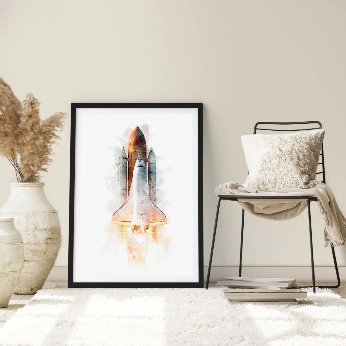 Poster in einem schwarzem Rahmen - Abhebendes Space Shuttle im Aquarellstil - 50x70cm - Entdecker für den Anfang - Moderne Wanddekoration für Wohnzimmer und Schlafzimmer ARTTOR