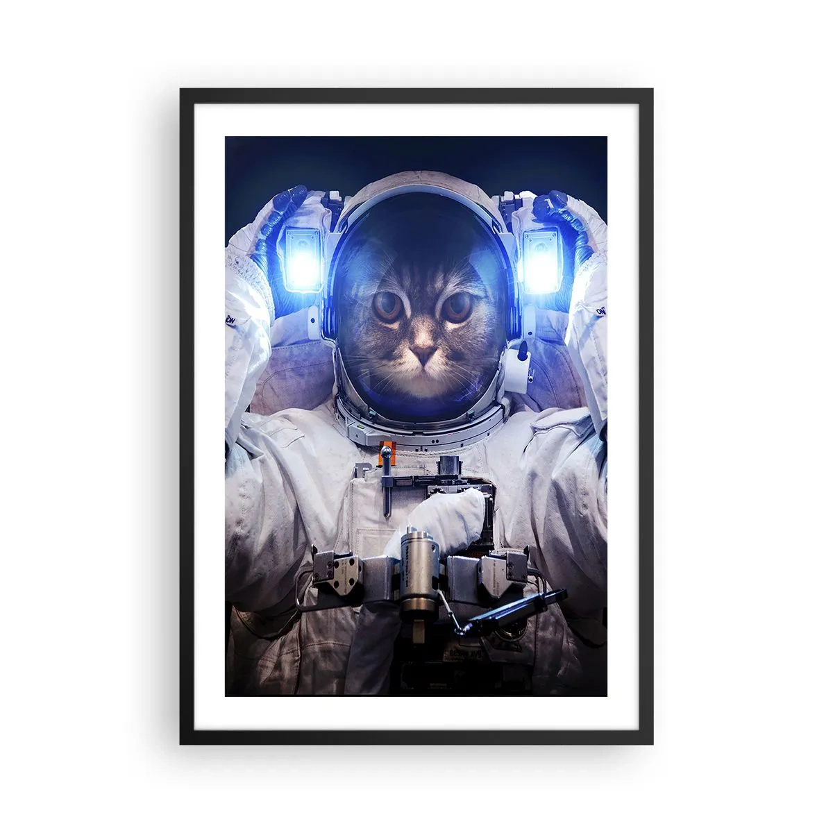 Poster in einem schwarzem Rahmen - Astronautenkatze im vollen Raumanzug - 50x70cm - Houston, du hast ein Problem - Moderne Wanddekoration für Wohnzimmer und Schlafzimmer ARTTOR