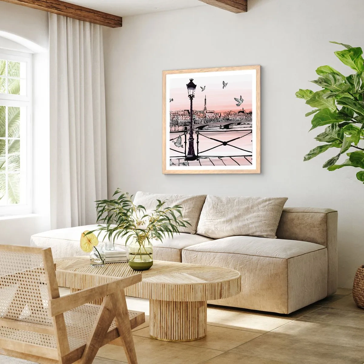 Poster in einem Rahmen aus heller Eiche - Über den Dächern von Paris - 60x60 cm