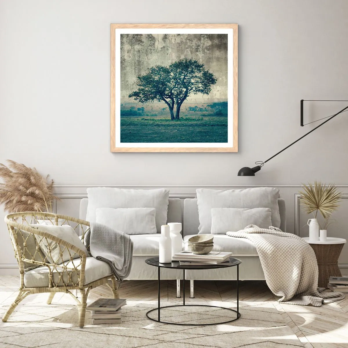 Poster in einem Rahmen aus heller Eiche - Ein Apfelbaum auf blauem Feld? - 60x60 cm