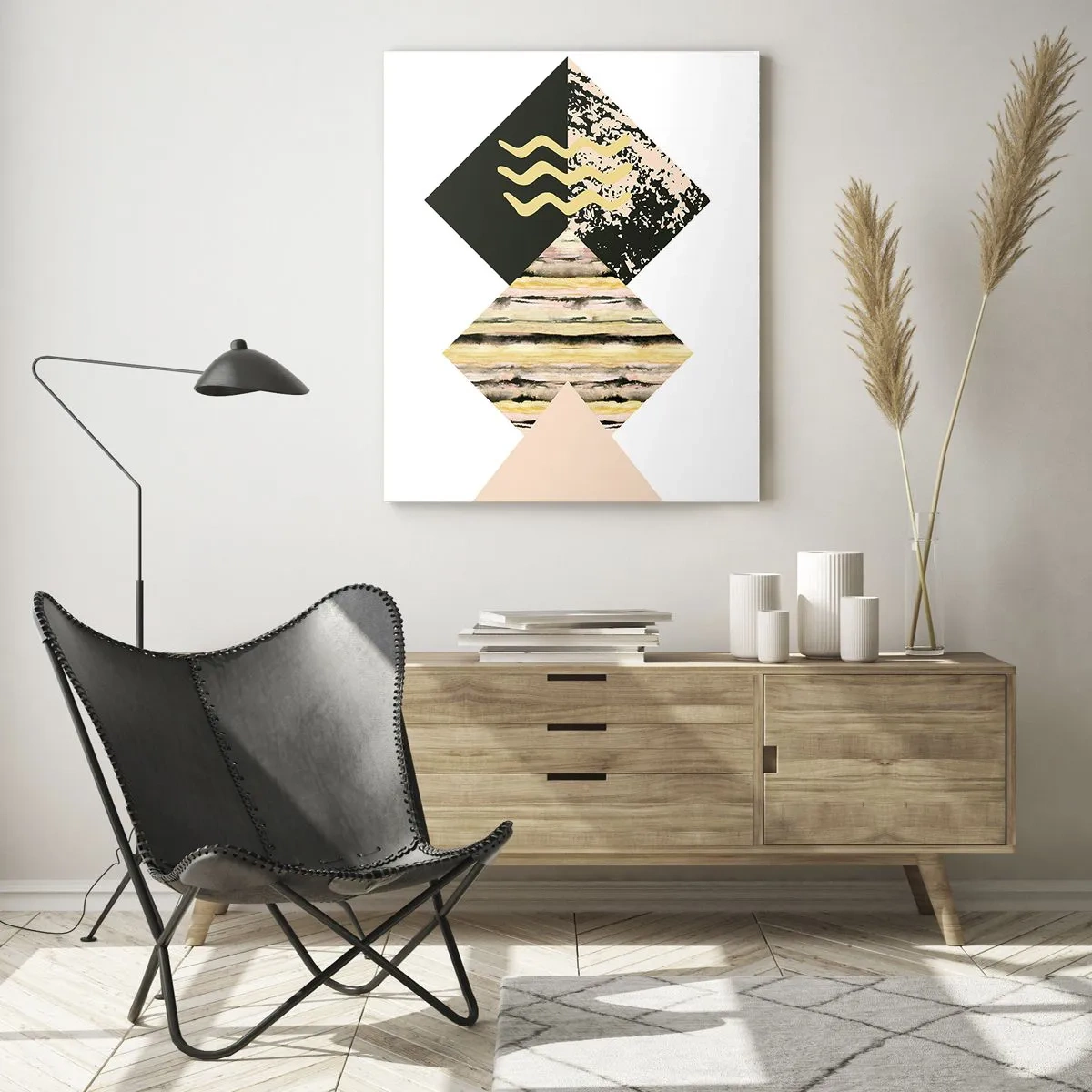 Glasbild - Bild auf glas - Abstrakte geometrische Komposition mit Dreiecken und Texturen - 50x70cm - Es ist nicht so einfach - Moderne Wanddekoration für Wohnzimmer und Schlafzimmer ARTTOR