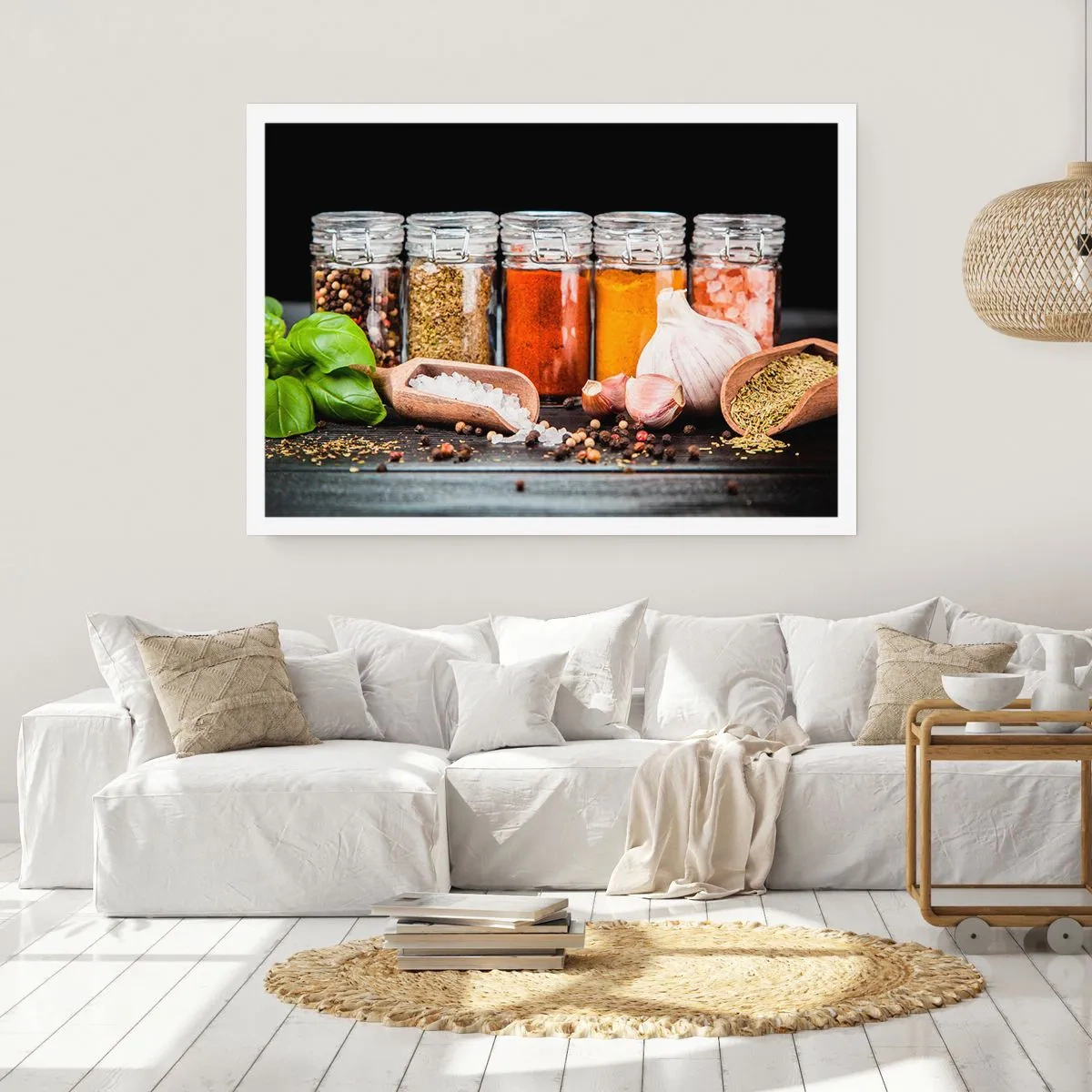 Poster - Kräuter und Gewürze in Gläsern auf dunklem Hintergrund - 100x70cm - Für einen Geschmack des Lebens - Moderne Wanddekoration für Wohnzimmer und Schlafzimmer ARTTOR
