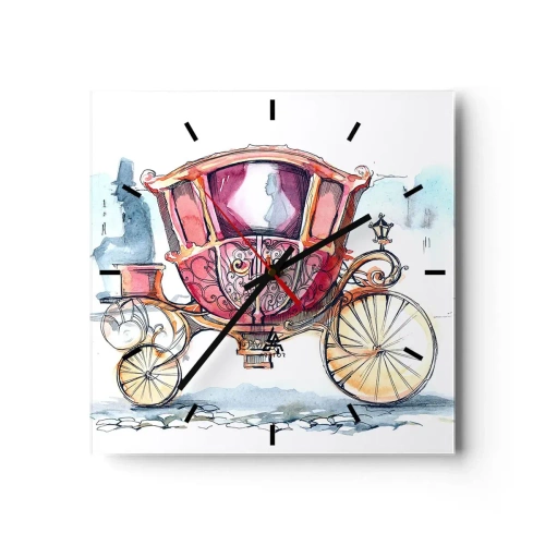 Wanduhr - Glasuhr - Eine stilvolle Illustration einer antiken Kutsche in Pastellfarben. - 30x30cm - Zur Hochzeit oder zum Abschlussball? - Moderne Wanddekoration für Wohnzimmer und Schlafzimmer ARTTOR