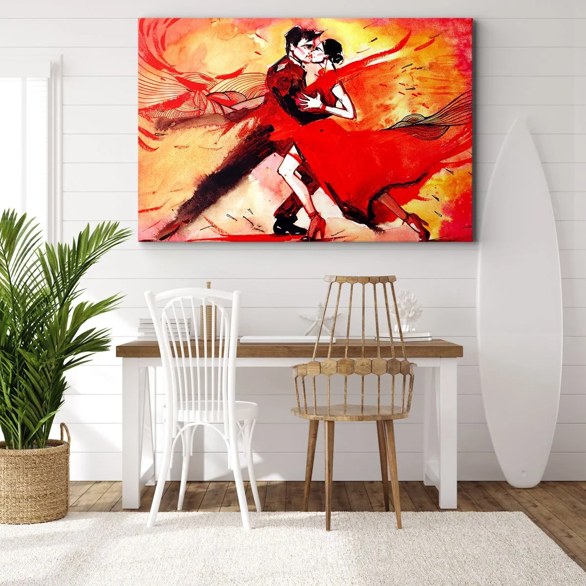 Bild auf Leinwand - Leinwandbild - Ein Paar tanzt Tango in Rottönen vor einem dynamischen Hintergrund. - 120x80cm - Der violette Rhythmus der Leidenschaft - Moderne Wanddekoration für Wohnzimmer und Schlafzimmer ARTTOR
