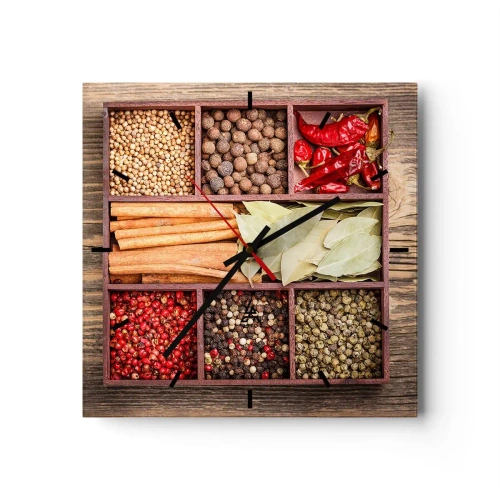 Wanduhr - Glasuhr - Holzkiste mit verschiedenen Gewürzen in Fächern - 30x30cm - Ordnung der Formen, Bouquet von Aromen - Moderne Wanddekoration für Wohnzimmer und Schlafzimmer ARTTOR