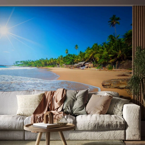 Fototapete Premium Sand - Ein sonniger tropischer Strand mit Palmen und türkisfarbenem Meer - 100x70cm - Ein exotischer Ort für dich - Moderne Wanddekoration für Wohnzimmer und Schlafzimmer ARTTOR