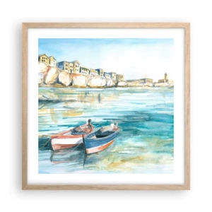 Poster in einem Rahmen aus heller Eiche - Landschaft in Azurblau - 50x50 cm