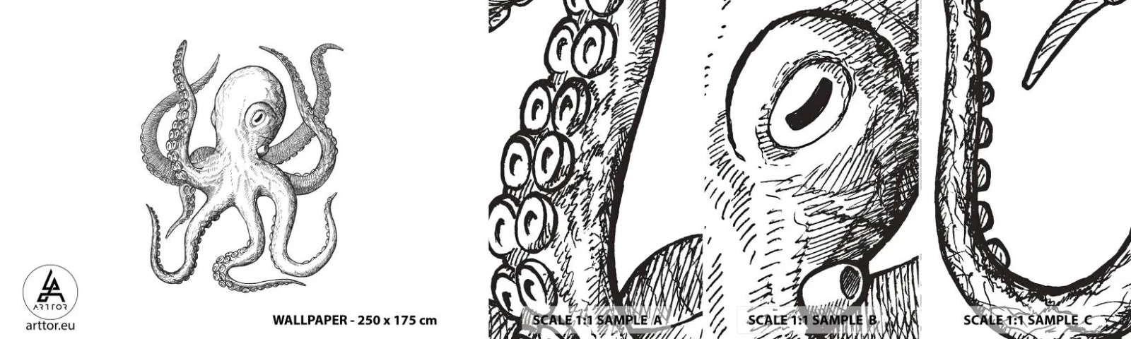 Fototapeten Muster Selbstklebend Deluxe Sticker - Mit den Wellen tanzen - Oktopus, Zeichnung, Strand - 100x30 cm