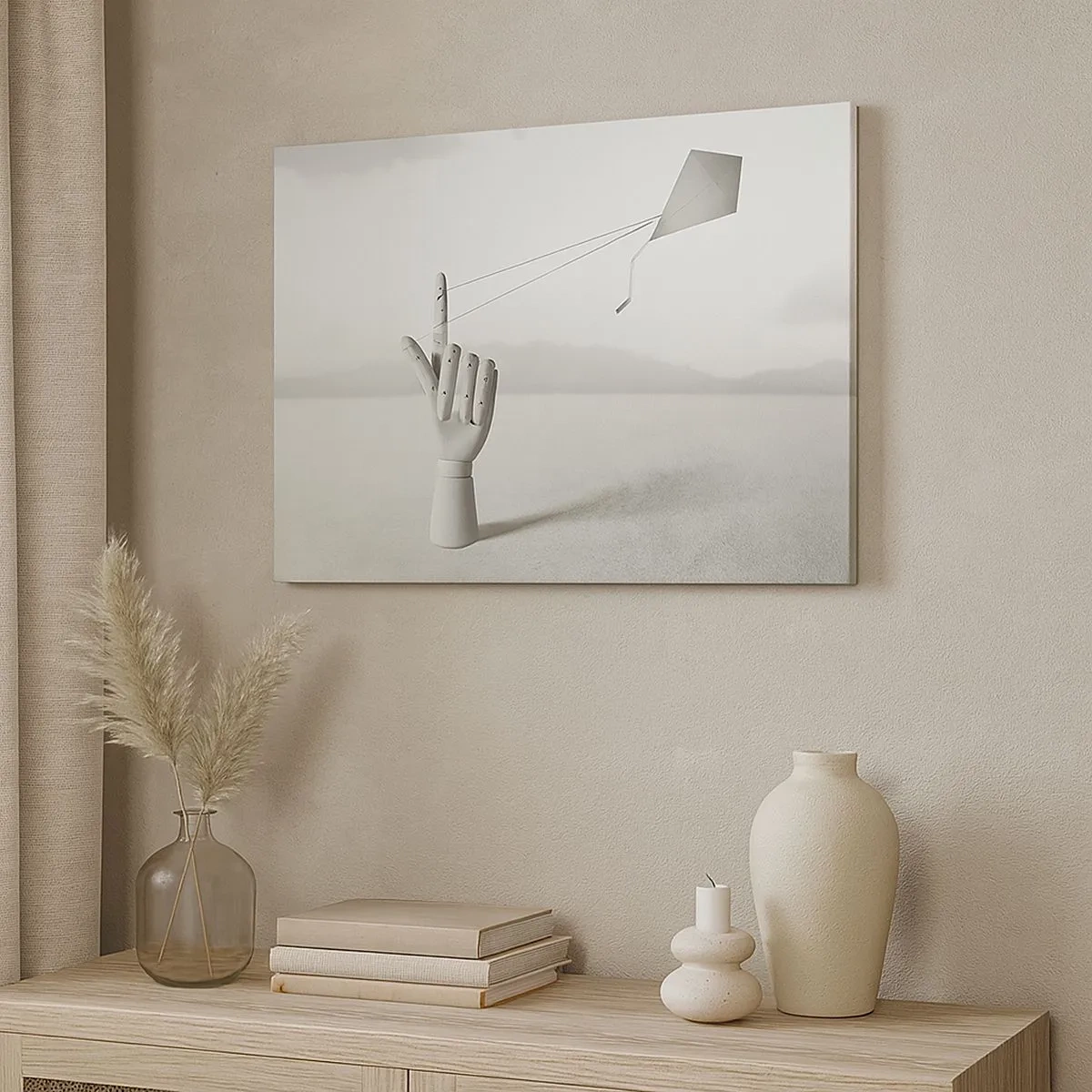 Bild auf Leinwand - Leinwandbild - Eine minimalistische Holzhand mit einem Drachen vor einem Landschaftshintergrund. - 70x50cm - Kraftprobe - Moderne Wanddekoration für Wohnzimmer und Schlafzimmer ARTTOR