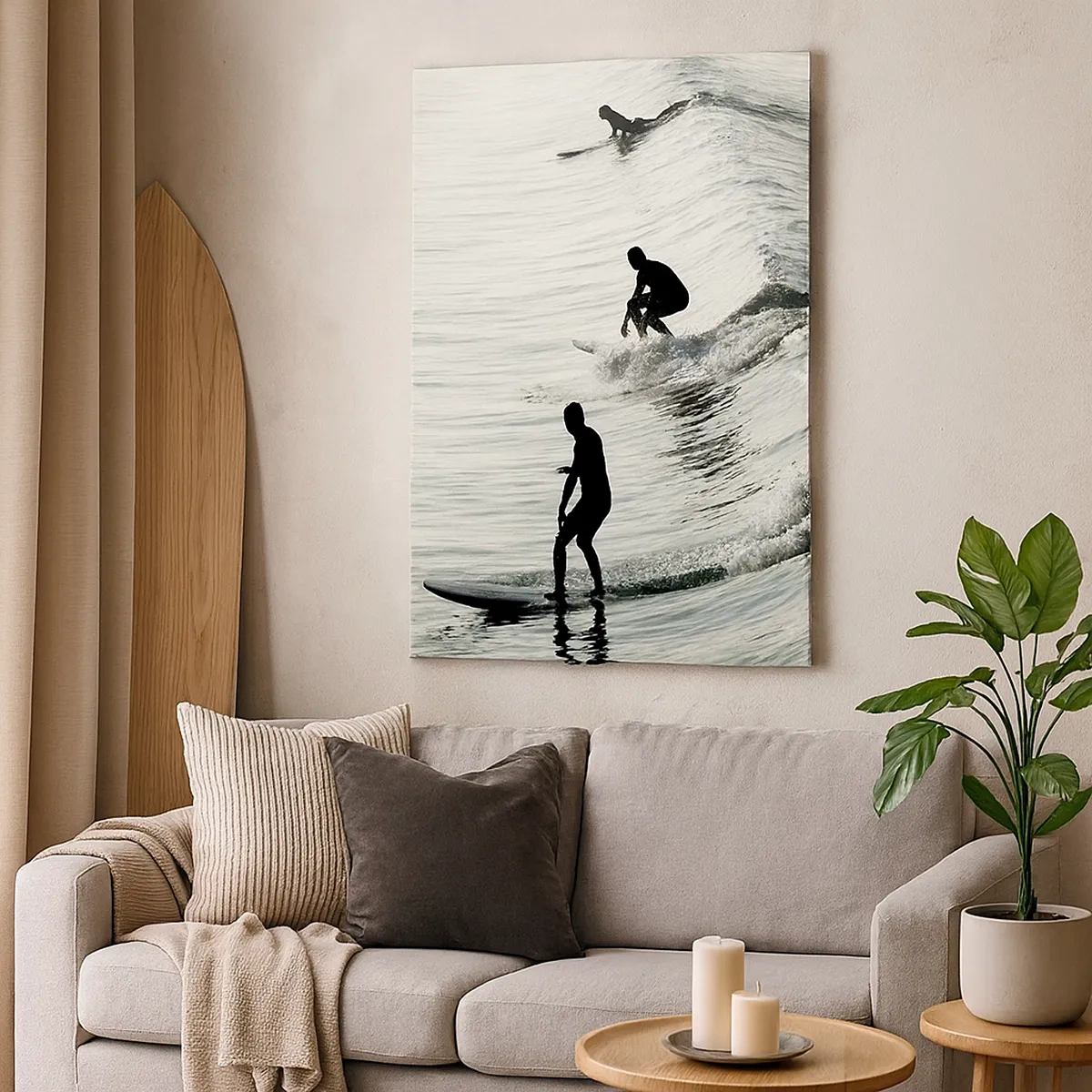 Bild auf Leinwand - Leinwandbild - Surfer auf den Wellen in einer monochromen Aufnahme - 50x70cm - Gegen die Welle - Moderne Wanddekoration für Wohnzimmer und Schlafzimmer ARTTOR