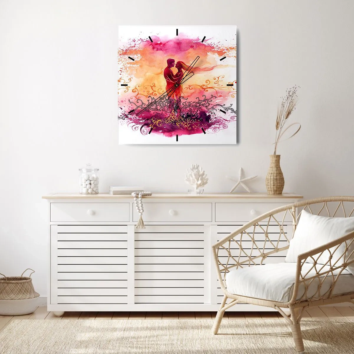 Wanduhr - Glasuhr - Ein Paar umarmt sich vor einem abstrakten rosa und orangefarbenen Muster - 30x30cm - Ein Herz! ich brauche so wenig... - Moderne Wanddekoration für Wohnzimmer und Schlafzimmer ARTTOR