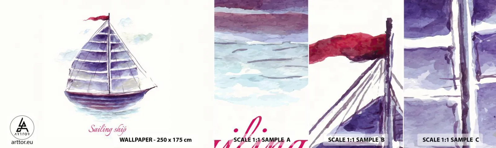 Fototapetenmuster Standard Eco - Volle Segel und ruhiges Wasser - Segelboot, Strand, Meer - 100x30 cm