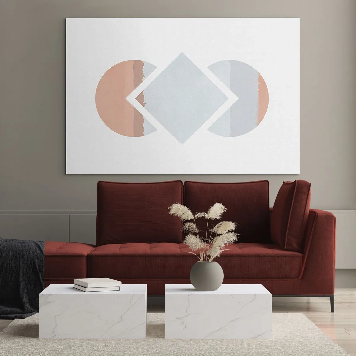 Glasbild - Bild auf glas - Eine pastellfarbene Raute in der Mitte zwischen den Halbkreisen auf weißem Hintergrund. - 100x70cm - Die Situation ist klar - Moderne Wanddekoration für Wohnzimmer und Schlafzimmer ARTTOR