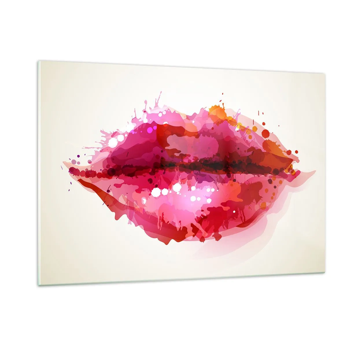 Glasbild - Bild auf glas - Abstrakte Lippen in leuchtenden Farben - 120x80cm - Ein rötlicher Rotton - Moderne Wanddekoration für Wohnzimmer und Schlafzimmer ARTTOR