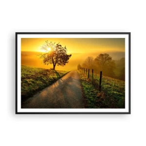 Poster in einem schwarzem Rahmen - Eine malerische Straße bei Sonnenuntergang mit einem einsamen Baum im Hintergrund - 100x70cm - Honig-Nachmittag - Moderne Wanddekoration für Wohnzimmer und Schlafzimmer ARTTOR