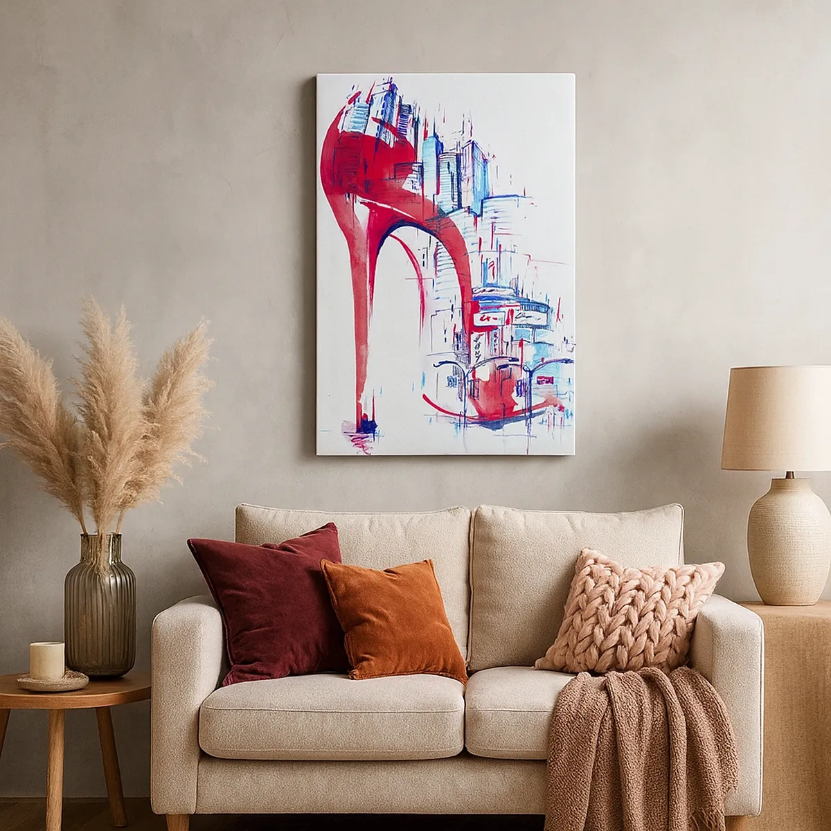 Bild auf Leinwand - Leinwandbild - Abstrakter roter Stilettoabsatz mit urbanen Details - 50x70cm - Ein Großstadt-Dandy - Moderne Wanddekoration für Wohnzimmer und Schlafzimmer ARTTOR