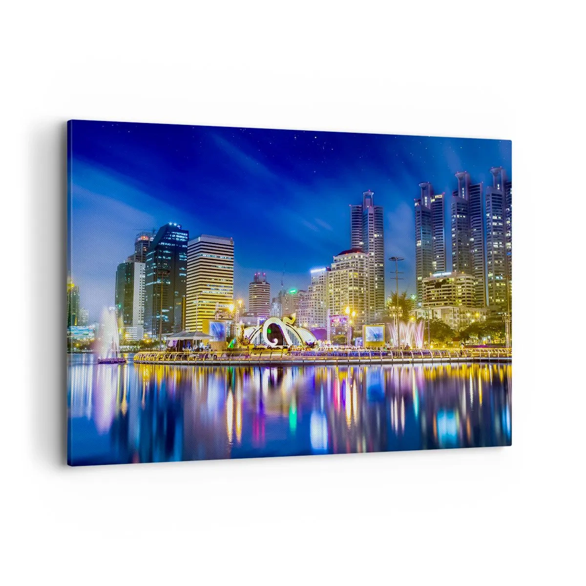 Bild auf Leinwand - Leinwandbild - Nachtpanorama der Stadt mit auf dem Wasser reflektierten Lichtern - 100x70cm - Metropolis bei Regenbogennacht - Moderne Wanddekoration für Wohnzimmer und Schlafzimmer ARTTOR