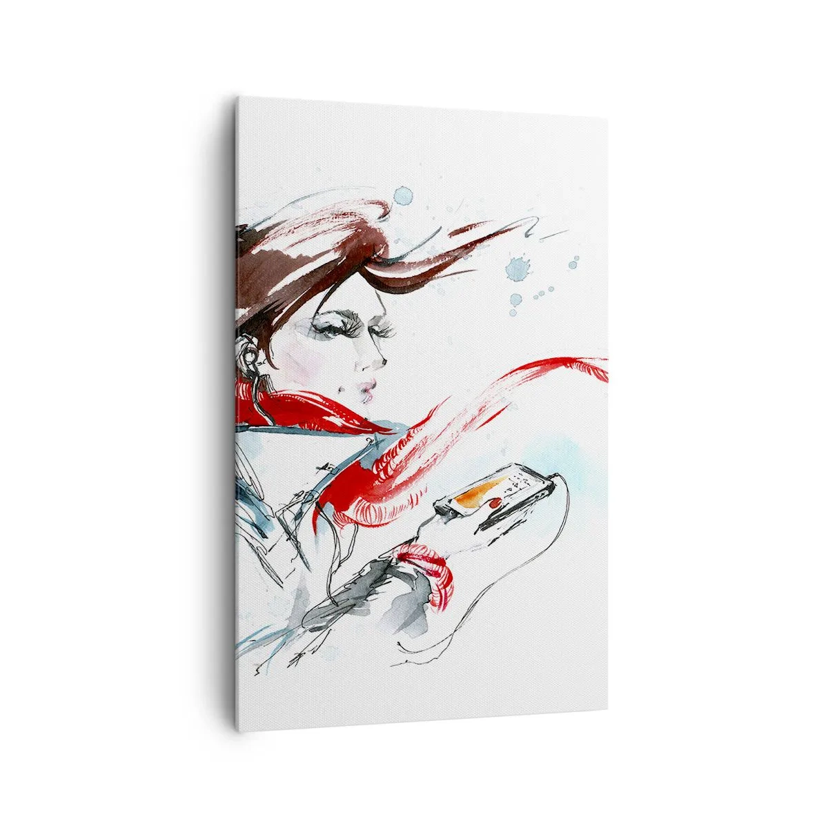 Bild auf Leinwand - Leinwandbild - Eine Frau in einem roten Schal mit dynamischen Aquarellstrichen - 80x120cm - Mit mir stimmt was nicht - Moderne Wanddekoration für Wohnzimmer und Schlafzimmer ARTTOR