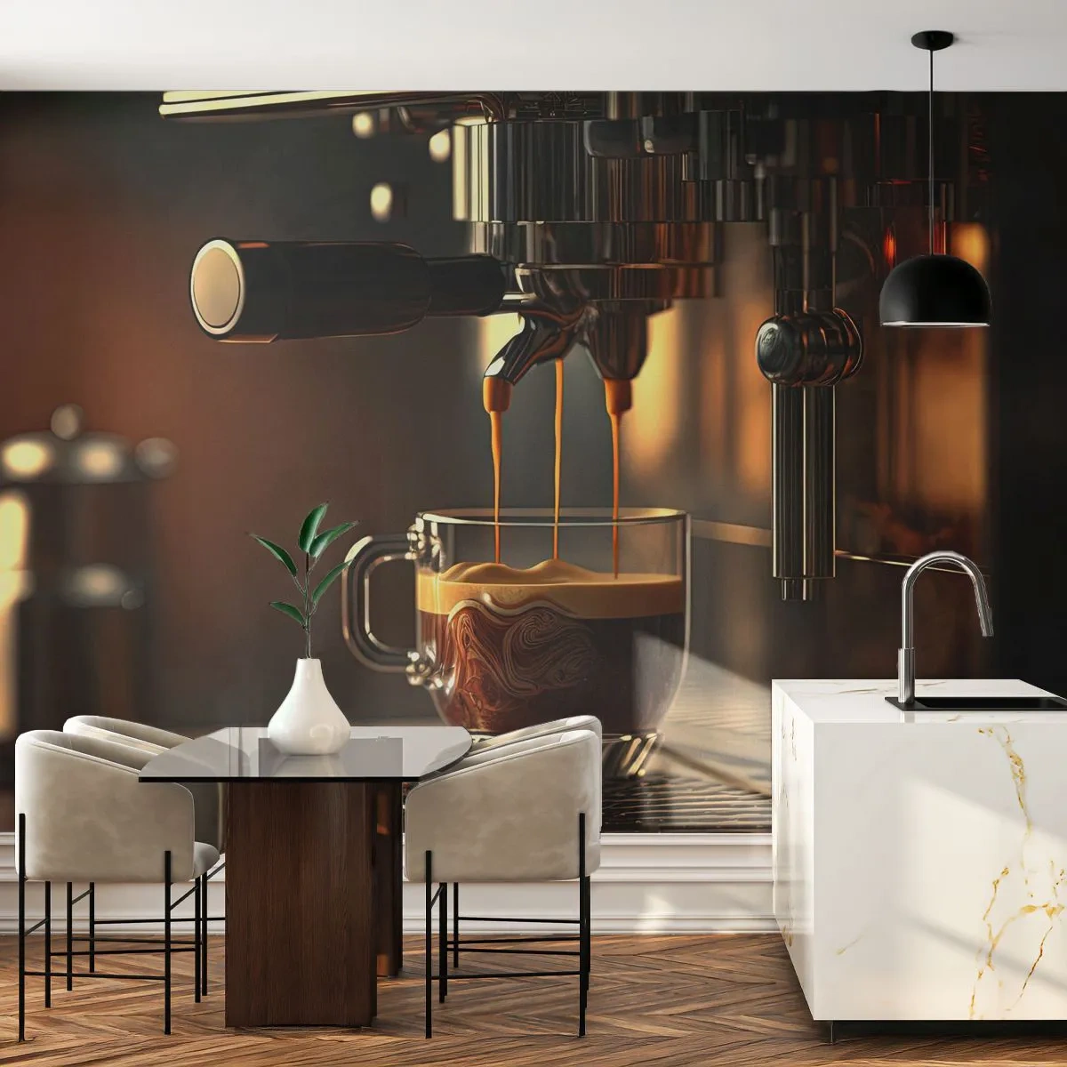Fototapete Premium Sand - Eine Kaffeemaschine mit einer Tasse Espresso in einem stilvollen Interieur - 100x70cm - Sinnliche Mischung - Moderne Wanddekoration für Wohnzimmer und Schlafzimmer ARTTOR