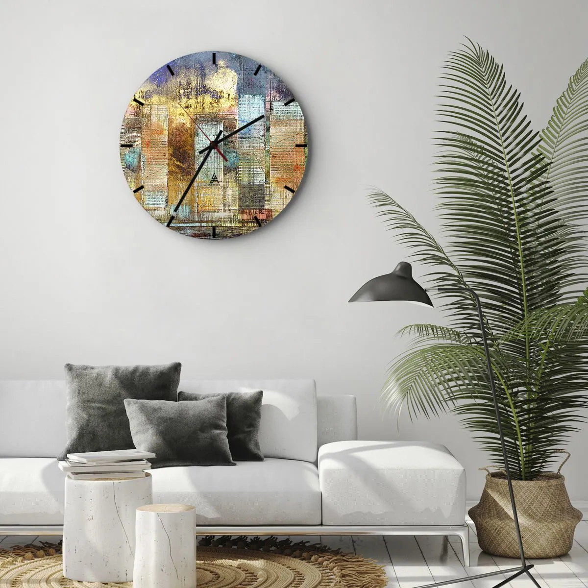 Wanduhr - Glasuhr - Farbenfrohe Abstraktion, inspiriert von der Skyline der Stadt - 30x30cm - Sonnige Metropole - Moderne Wanddekoration für Wohnzimmer, Küche und Schlafzimmer ARTTOR