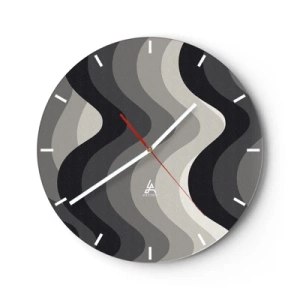 Wanduhr - Glasuhr - Wellenförmige Streifen in Grau- und Schwarztönen im grafischen Layout - 30x30cm - Eine Welle nach der anderen - Moderne Wanddekoration für Wohnzimmer, Küche und Schlafzimmer ARTTOR