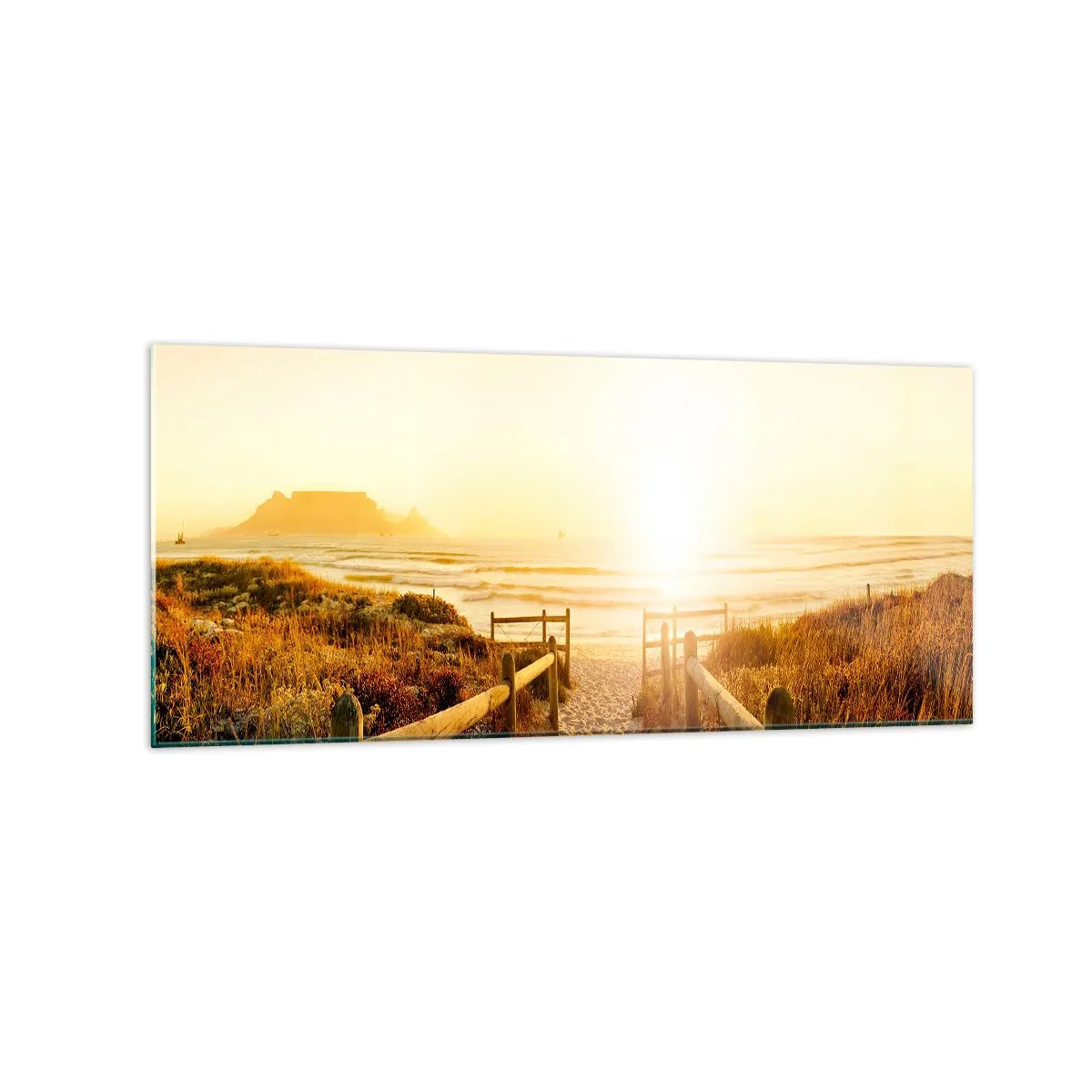 Glasbild - Bild auf glas - Weg zum Strand bei goldenem Sonnenuntergang - 120x50cm - Über die Düne, der Sonne entgegen - Moderne Wanddekoration für Wohnzimmer und Schlafzimmer ARTTOR