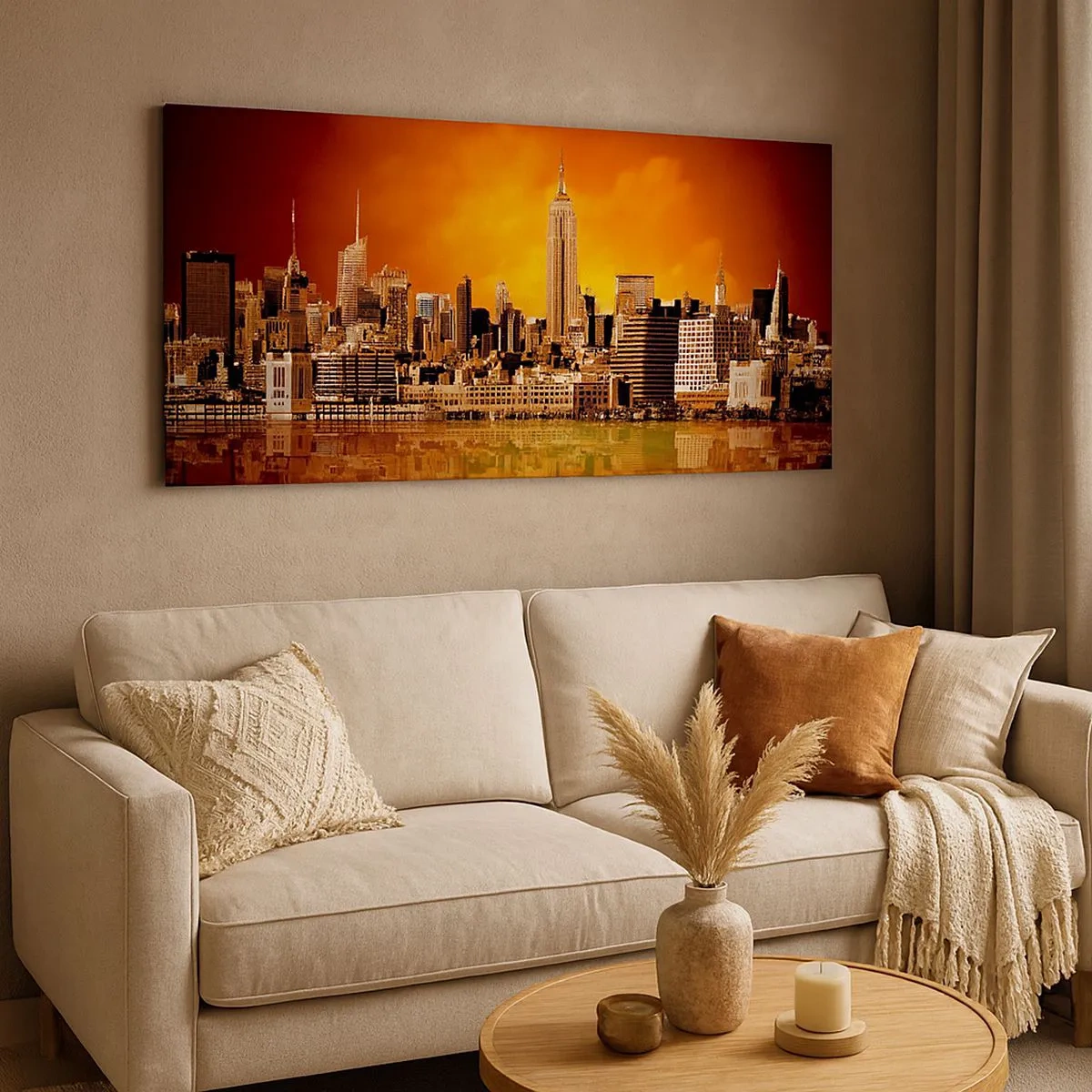 Bild auf Leinwand - Leinwandbild - Das Großstadtpanorama in Gelb und Bronze - 100x40 cm