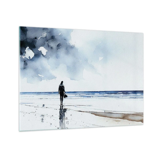 Glasbild - Bild auf glas - Silhouette einer Person an der Küste in zartem Aquarell - 70x50cm - Gespräch mit dem Meer - Moderne Wanddekoration für Wohnzimmer und Schlafzimmer ARTTOR