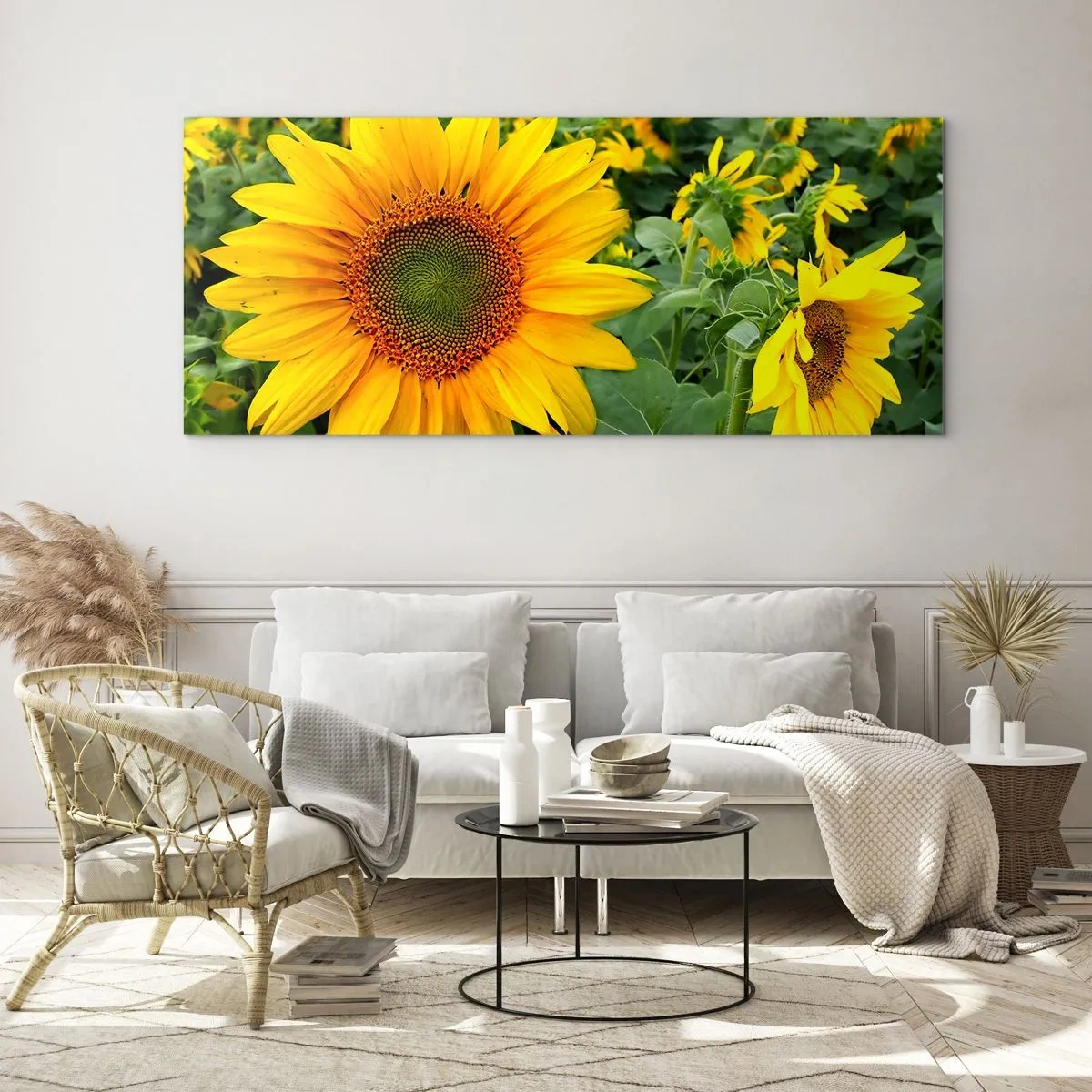 Glasbild - Bild auf glas - Ein Feld mit Sonnenblumen und gelben Blüten vor einem Hintergrund aus grünen Blättern - 140x50cm - Hunderte von Sonnen flammten auf - Moderne Wanddekoration für Wohnzimmer und Schlafzimmer ARTTOR