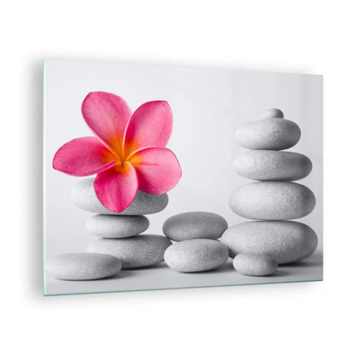 Glasbild - Bild auf glas - Eine rosa Blume vor einem Haufen weißer Steine - 70x50cm - Stein auf Stein und auf diesem Stein... - Moderne Wanddekoration für Wohnzimmer und Schlafzimmer ARTTOR