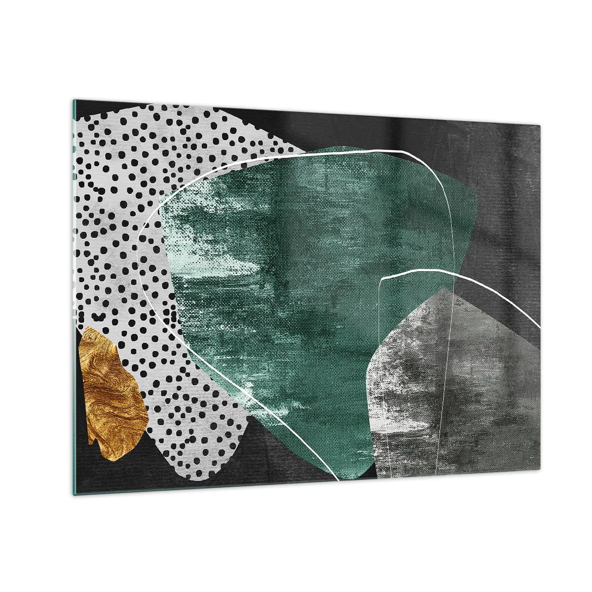 Glasbild - Bild auf glas - Grüne Formen mit schwarzem Hintergrund und goldenem Akzent - 70x50cm - Bunte Abstraktion mit Blattgold - Moderne Wanddekoration für Wohnzimmer und Schlafzimmer ARTTOR