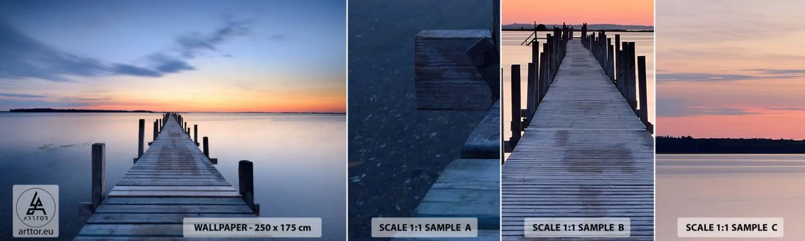 Fototapetenmuster Standard Eco - Die Ruhe einer heiteren Dämmerung - Landschaft, Bucht, Holzbrücke - 100x30 cm