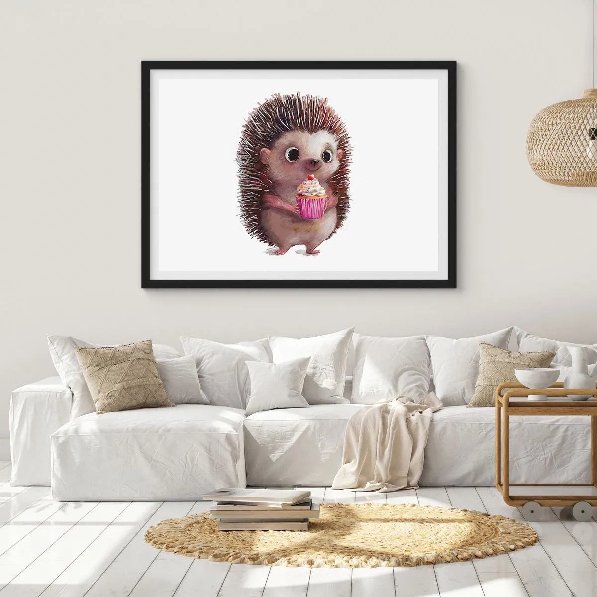 Poster in einem schwarzem Rahmen - Ein süßer Igel mit einem Cupcake - 70x50cm - Der Feiertag ist jeden Tag - Moderne Wanddekoration für Wohnzimmer und Schlafzimmer ARTTOR
