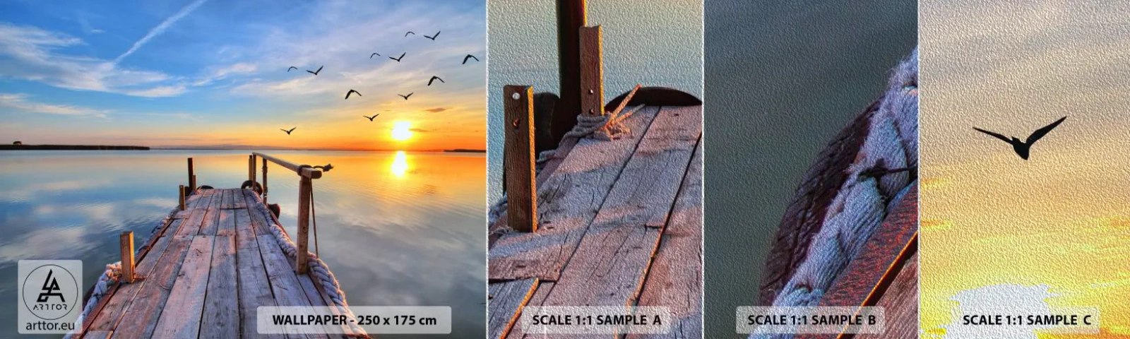 Fototapeten Muster Premium Sand - Lauf direkt der Sonne entgegen - Landschaft, See, Holzbrücke - 100x30 cm