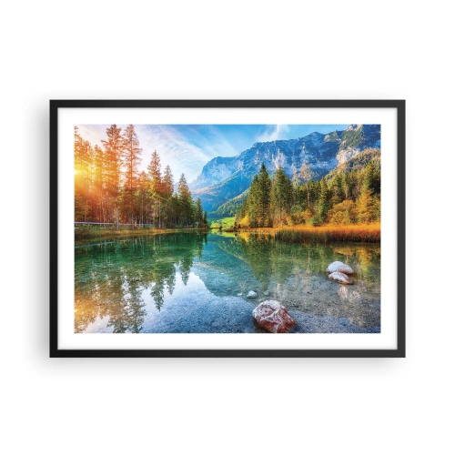 Poster in einem schwarzem Rahmen - Ein malerischer See, umgeben von Bergen und Wäldern - 70x50cm - Die Sanftheit des Herbstes - Moderne Wanddekoration für Wohnzimmer und Schlafzimmer ARTTOR