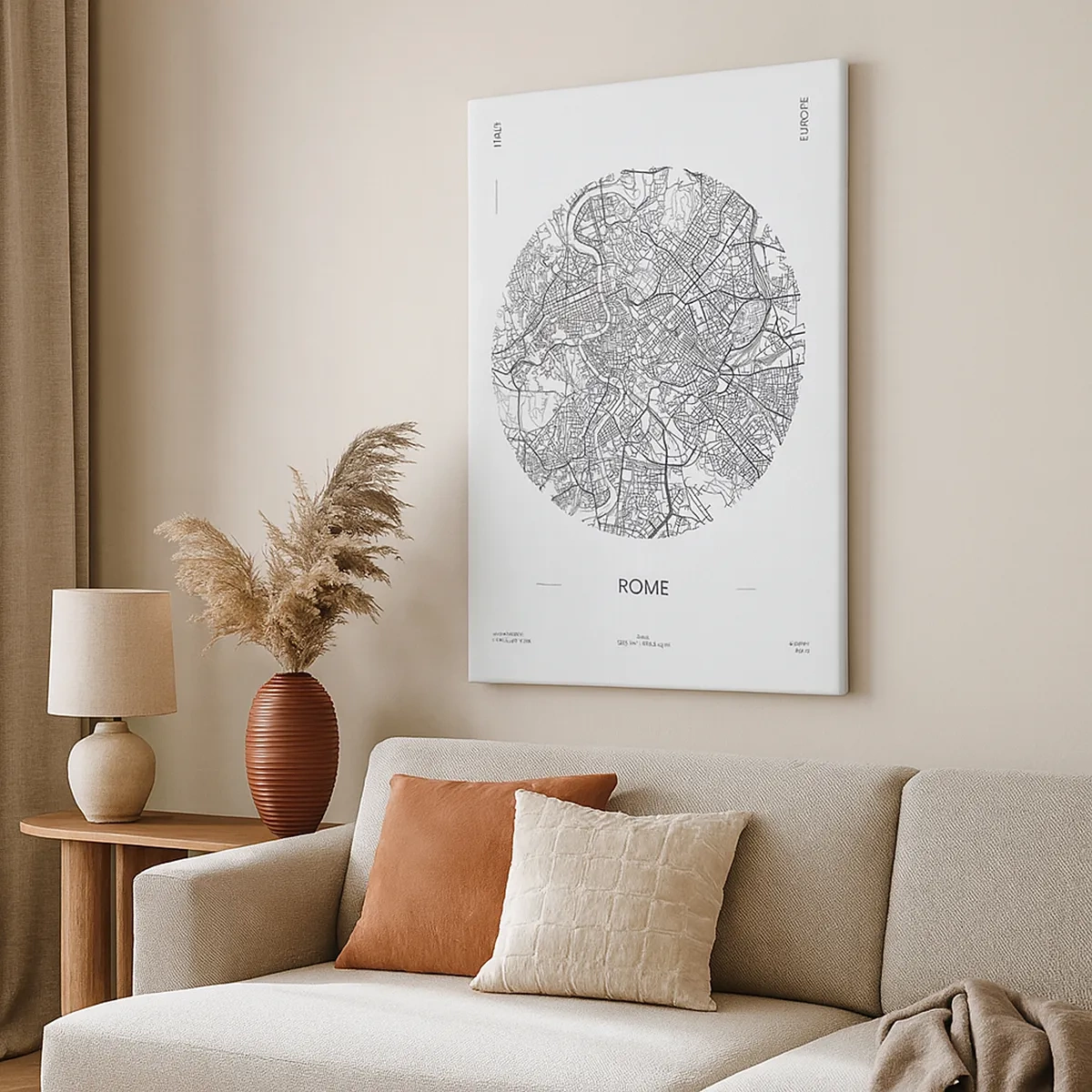 Bild auf Leinwand - Leinwandbild - Eine Karte von Rom im minimalistischen Schwarz-Weiß-Stil - 50x70cm - Anatomie von Rom - Moderne Wanddekoration für Wohnzimmer und Schlafzimmer ARTTOR