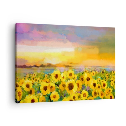 Bild auf Leinwand - Leinwandbild - Ein Sonnenblumenfeld im Licht der untergehenden Sonne - 70x50cm - Die Sonne selbst ist auf die Erde herabgestiegen - Moderne Wanddekoration für Wohnzimmer und Schlafzimmer ARTTOR