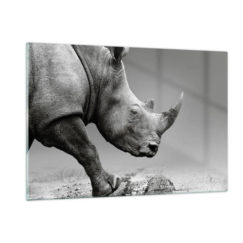 Glasbild - Bild auf glas - Ein Nashorn in Bewegung vor grauem Hintergrund - 120x80cm - Unaufhaltsame Stärke - Moderne Wanddekoration für Wohnzimmer und Schlafzimmer ARTTOR