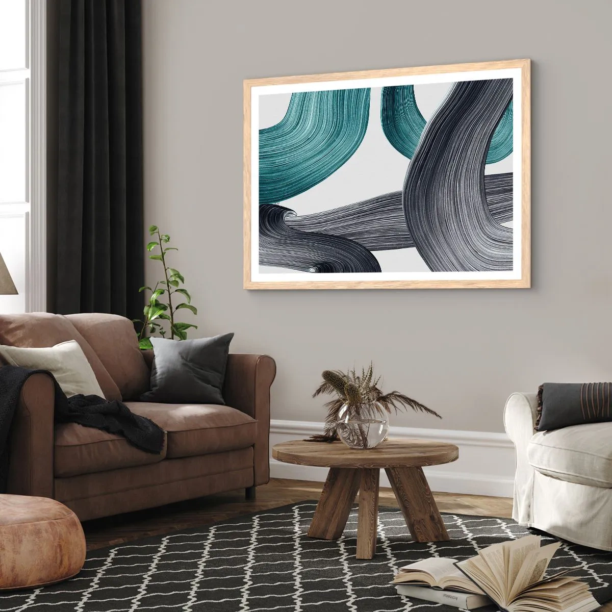 Poster in einem Rahmen aus heller Eiche - Smaragdgrüne und schwarze Pfade - 100x70 cm