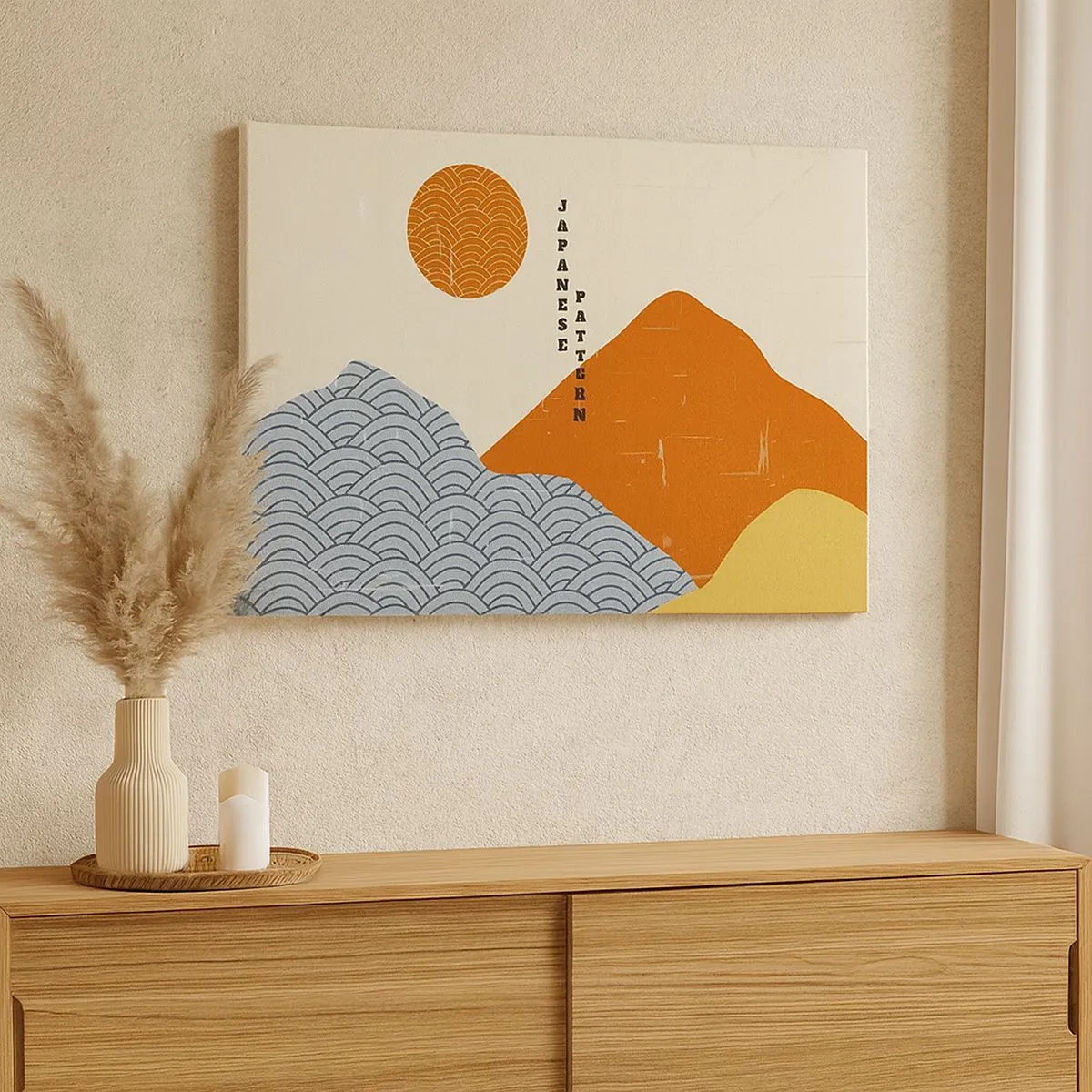 Bild auf Leinwand - Leinwandbild - Japanische Muster mit Bergen, Sonne und minimalistischem Stil - 70x50cm - Im japanischen Geist - Moderne Wanddekoration für Wohnzimmer und Schlafzimmer ARTTOR