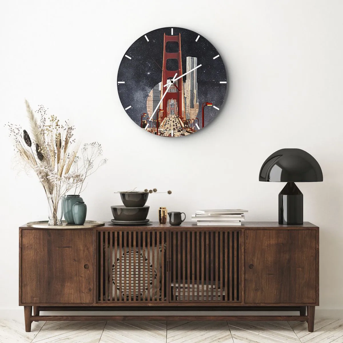 Wanduhr - Glasuhr - Die Stadtbrücke im Licht der Straßenlaternen vor dem Hintergrund des Sternenhimmels - 30x30cm - Immer im Mittelpunkt - Moderne Wanddekoration für Wohnzimmer, Küche und Schlafzimmer ARTTOR