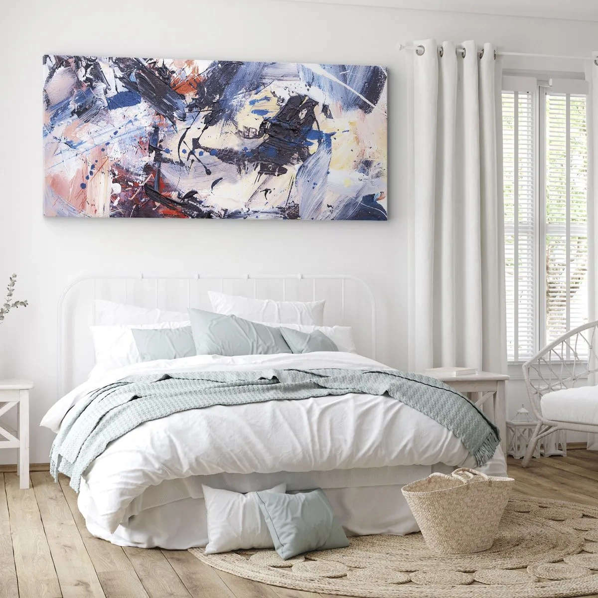 Bild auf Leinwand - Leinwandbild - Abstraktion mit dynamischen Pinselstrichen in Blau und Rot. - 120x50cm - Verrückter Tanz der Abstraktion - Moderne Wanddekoration für Wohnzimmer und Schlafzimmer ARTTOR